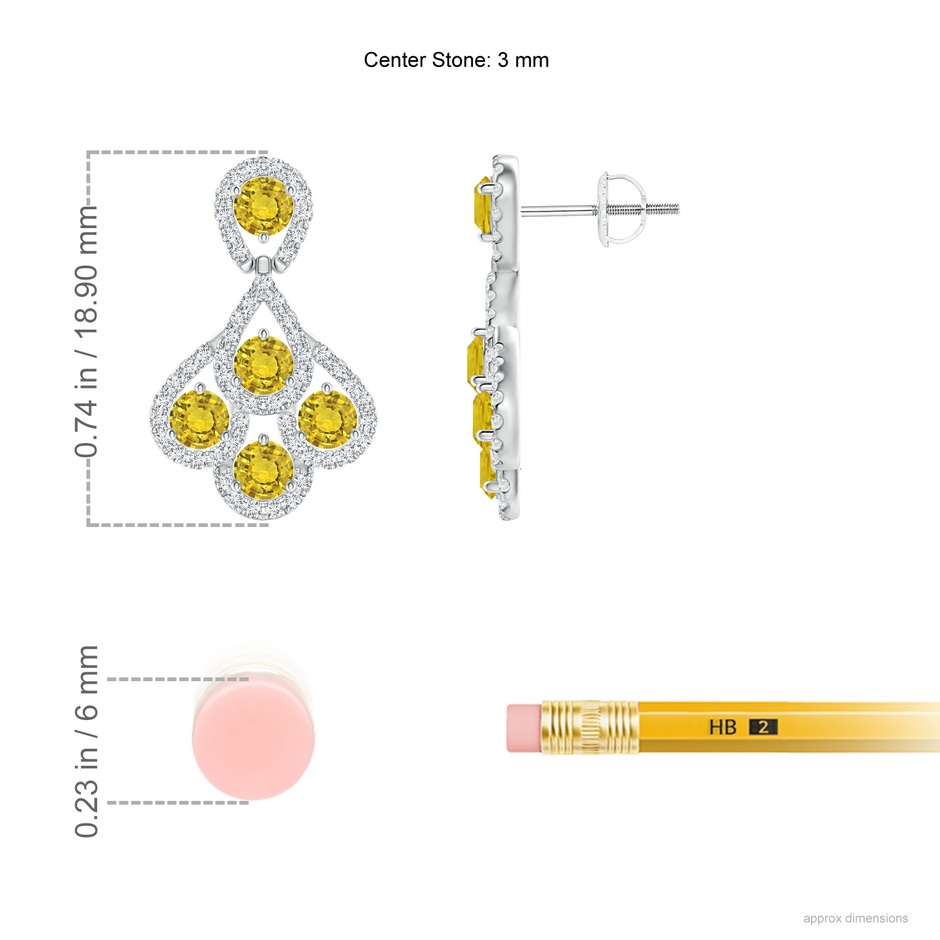 3mm AAAA Yellow Sapphire Dangle Earrings with Diamond Outline in P950 Platinum ruler