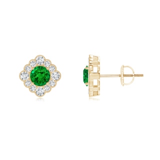 4mm AAAA Round Emerald Flower Stud Earrings with Milgrain Detailing in Yellow Gold