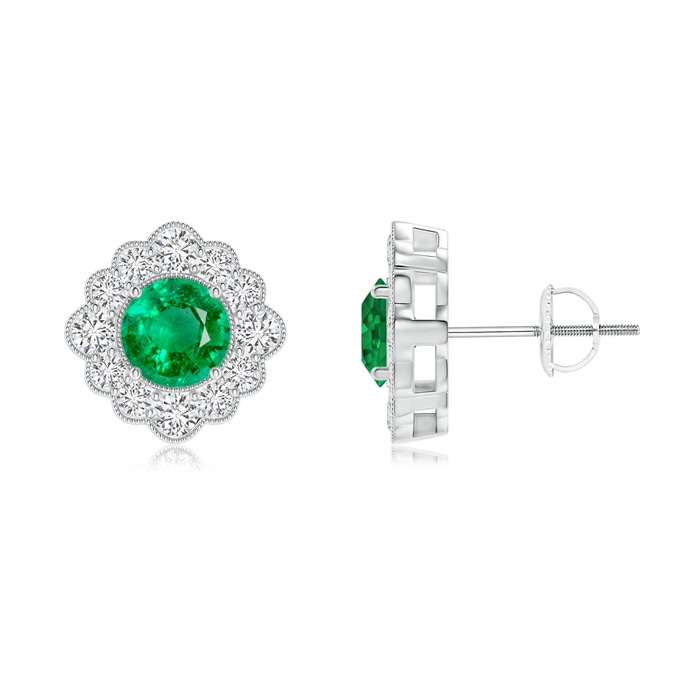 5mm AAA Round Emerald Flower Stud Earrings with Milgrain Detailing in White Gold