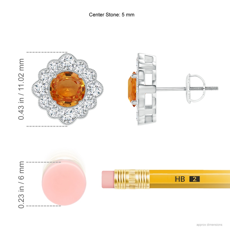 5mm AAA Round Orange Sapphire Flower Stud Earrings with Milgrain in White Gold ruler