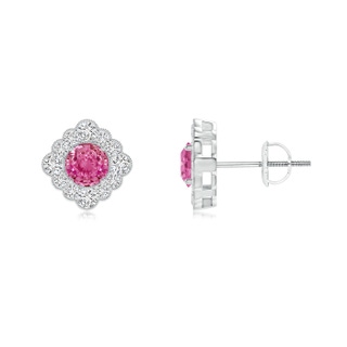 4mm AAA Round Pink Sapphire Flower Stud Earrings with Milgrain in White Gold