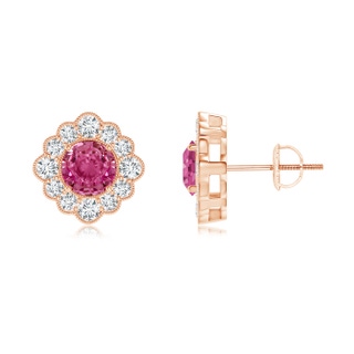5mm AAAA Round Pink Sapphire Flower Stud Earrings with Milgrain in Rose Gold