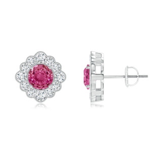 5mm AAAA Round Pink Sapphire Flower Stud Earrings with Milgrain in White Gold