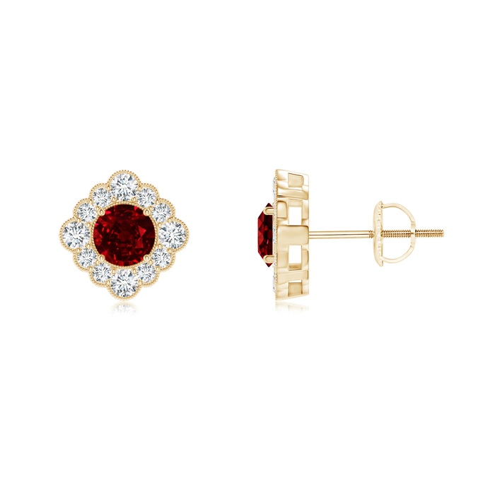 4mm AAAA Round Ruby Flower Stud Earrings with Milgrain Detailing in Yellow Gold