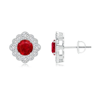 5mm AAA Round Ruby Flower Stud Earrings with Milgrain Detailing in White Gold