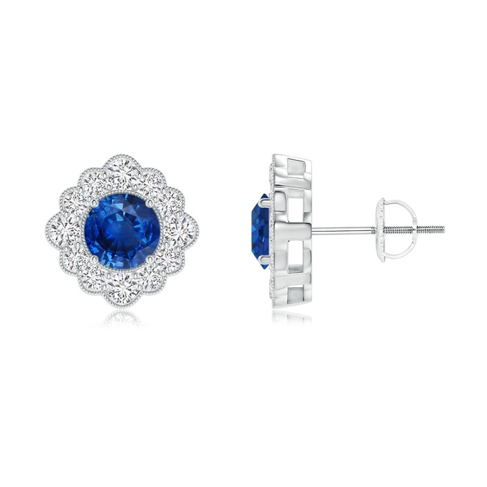5mm AAA Round Sapphire Flower Stud Earrings with Milgrain Detailing in White Gold
