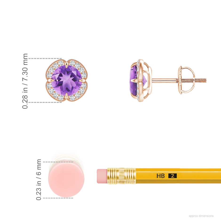5mm A Claw-Set Amethyst Clover Stud Earrings in Rose Gold ruler