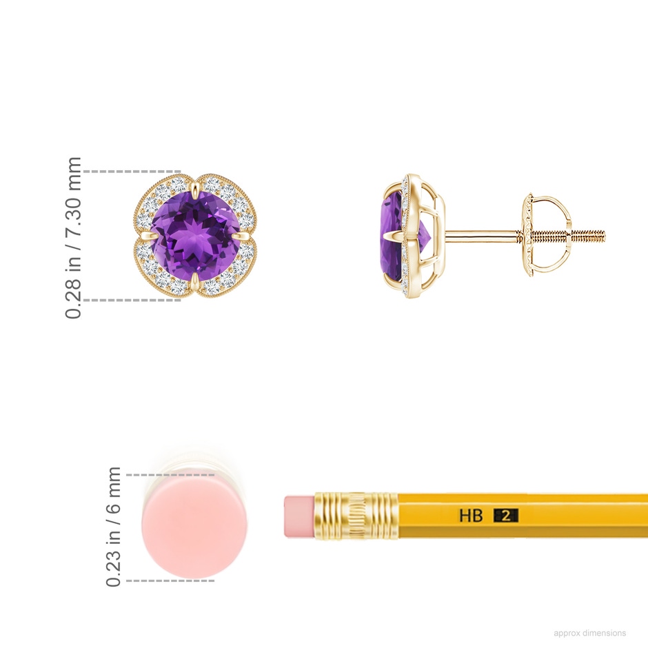 5mm AAA Claw-Set Amethyst Clover Stud Earrings in Yellow Gold ruler