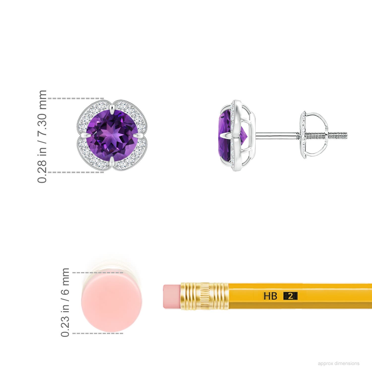 5mm AAAA Claw-Set Amethyst Clover Stud Earrings in White Gold - ruler