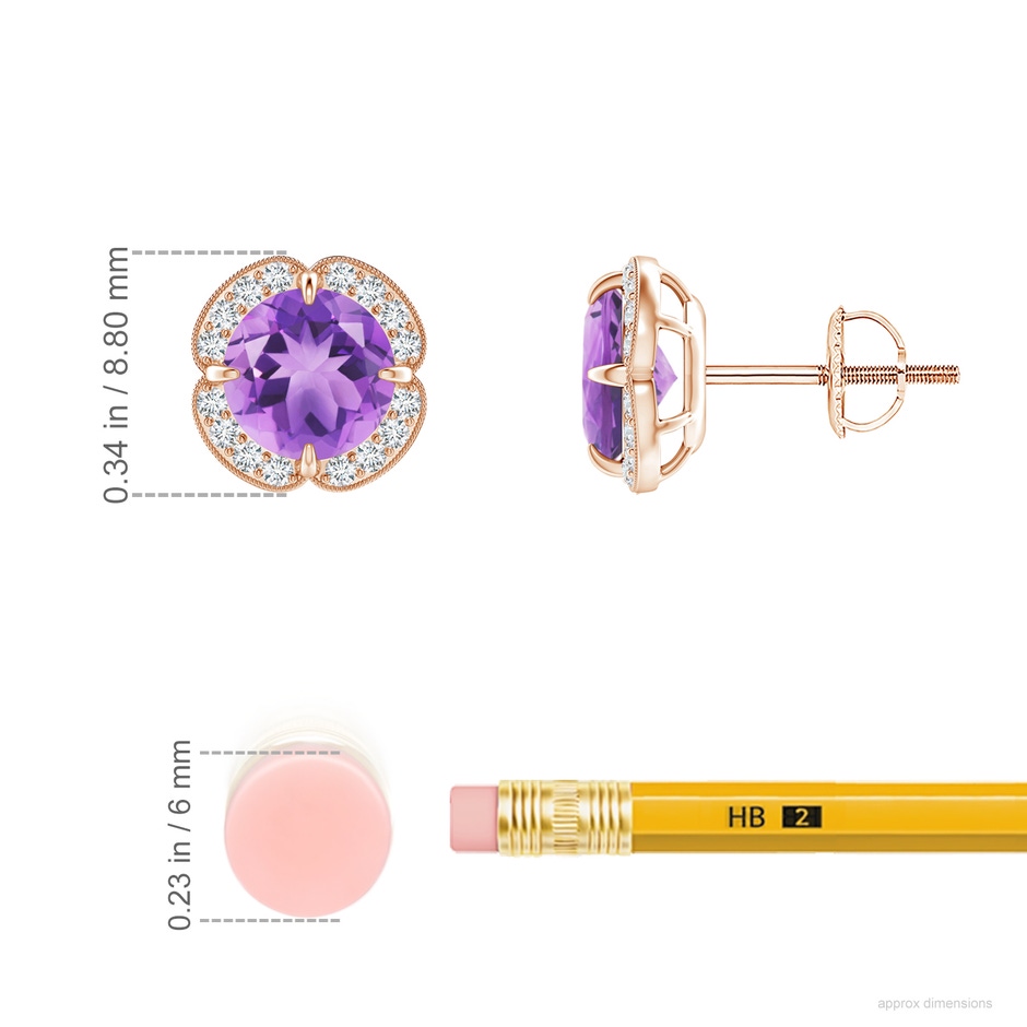 6mm A Claw-Set Amethyst Clover Stud Earrings in Rose Gold ruler