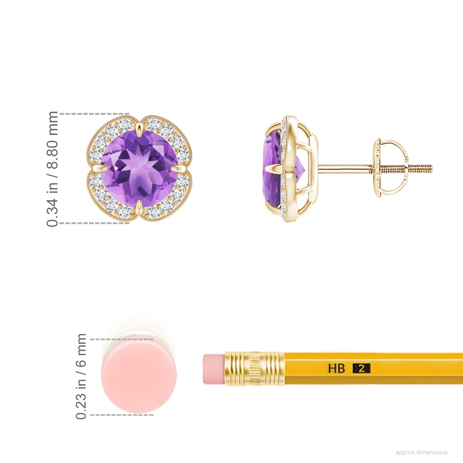 6mm A Claw-Set Amethyst Clover Stud Earrings in Yellow Gold ruler