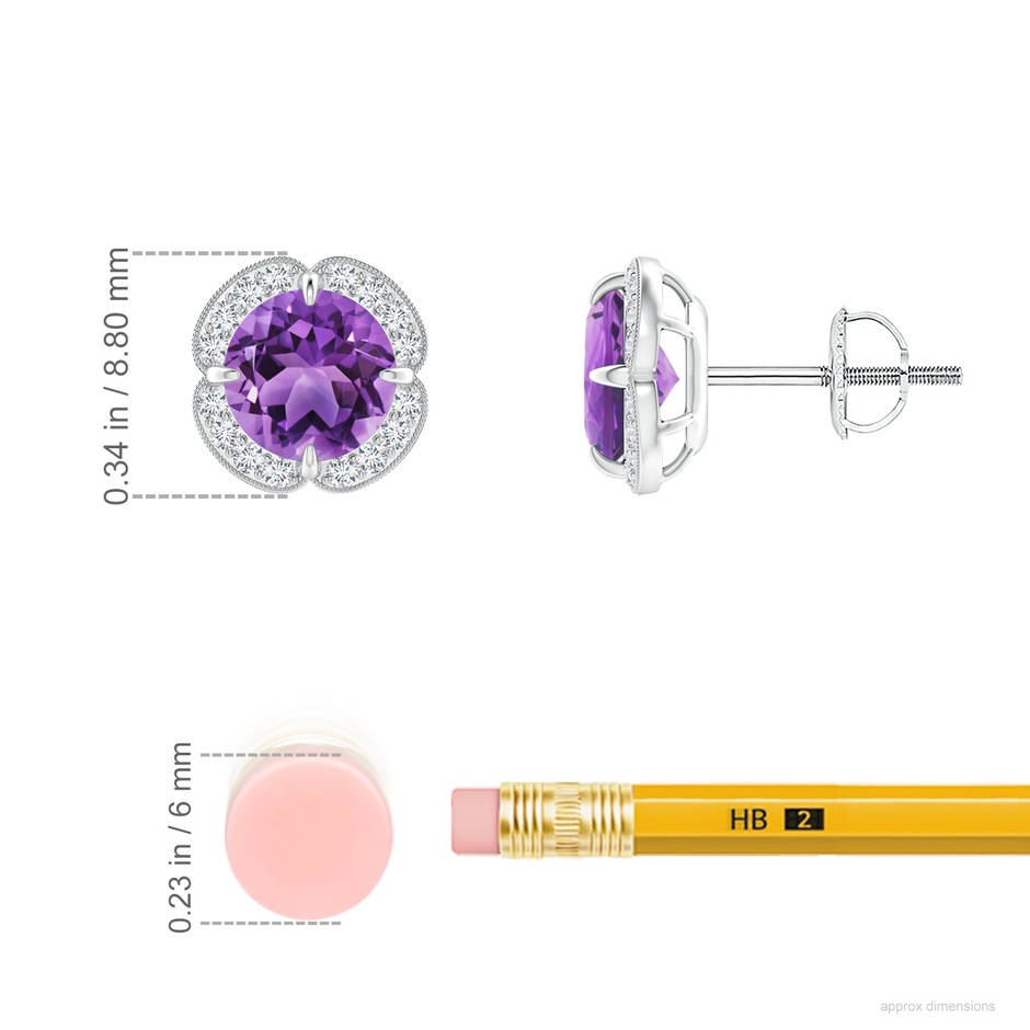 6mm AA Claw-Set Amethyst Clover Stud Earrings in White Gold ruler