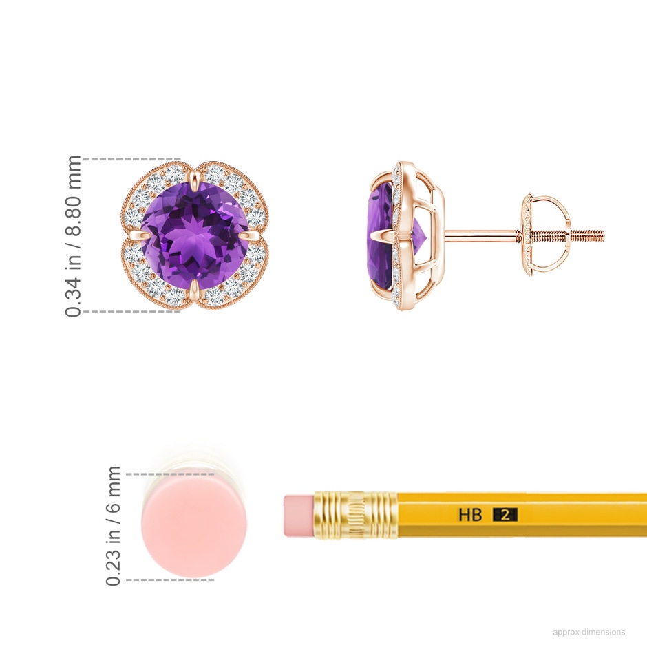 6mm AAA Claw-Set Amethyst Clover Stud Earrings in Rose Gold ruler