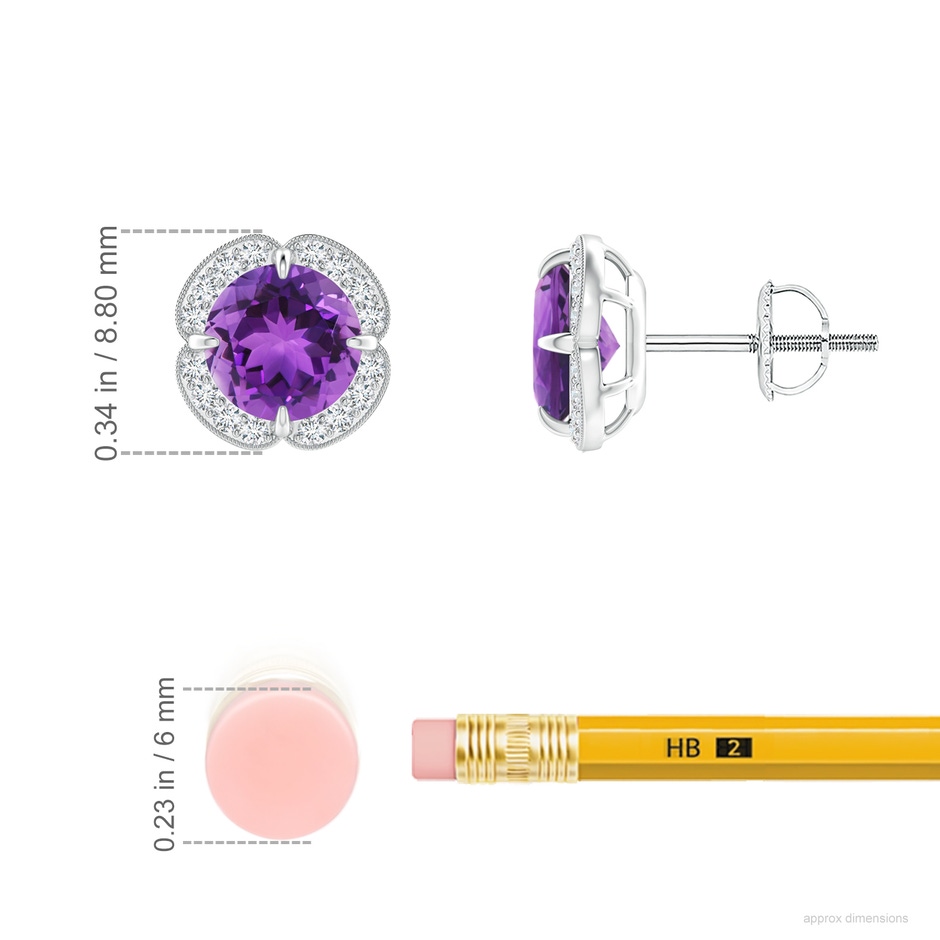 6mm AAA Claw-Set Amethyst Clover Stud Earrings in White Gold ruler