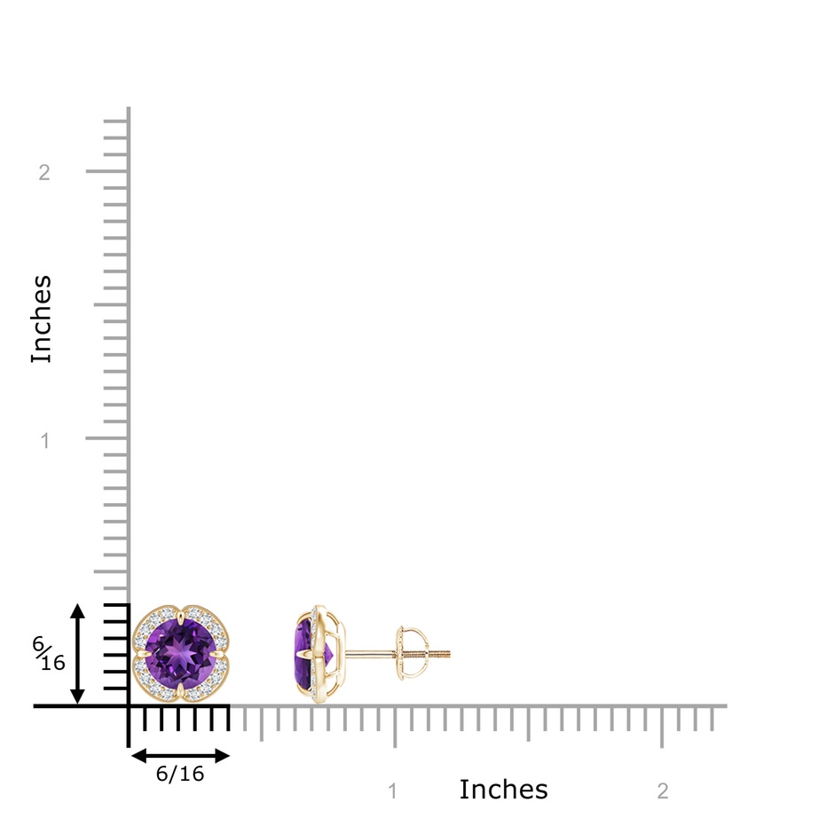 6mm AAAA Claw-Set Amethyst Clover Stud Earrings in Yellow Gold ruler