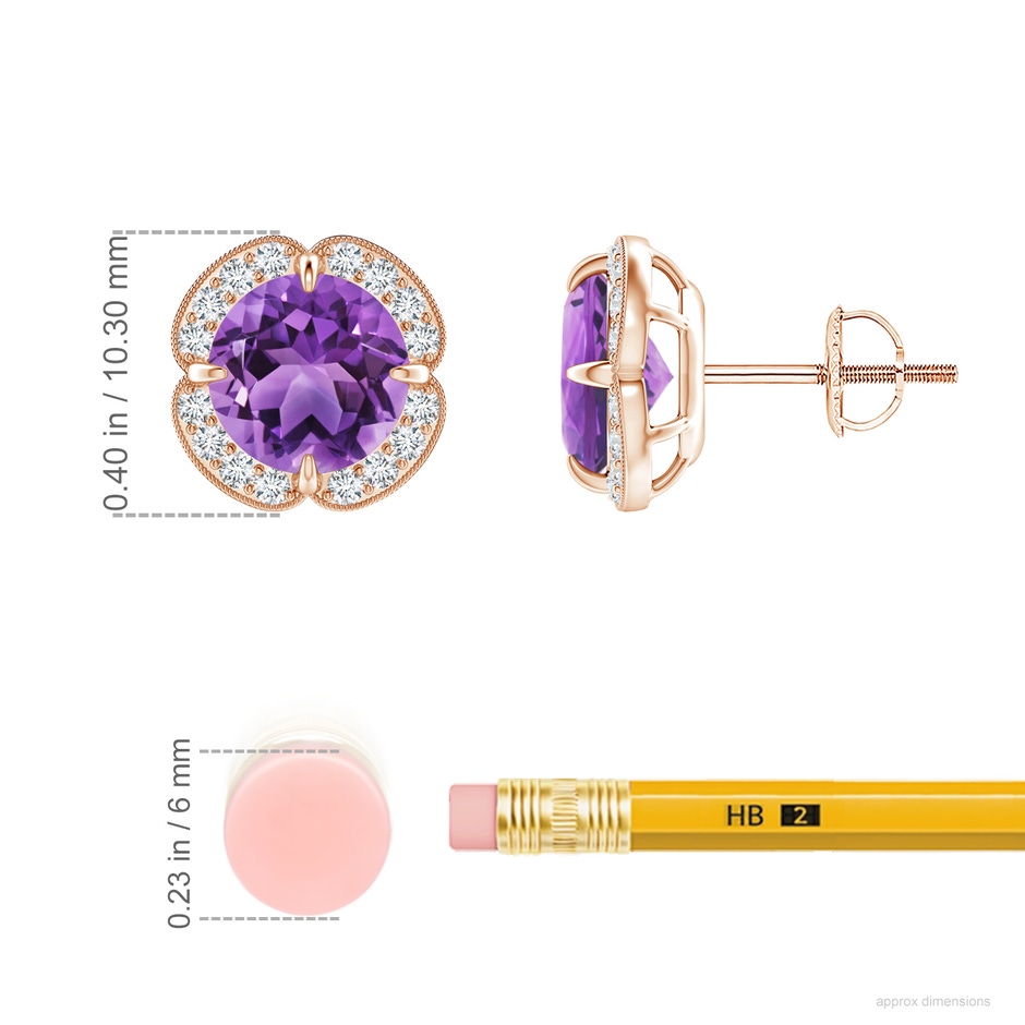 7mm AA Claw-Set Amethyst Clover Stud Earrings in Rose Gold ruler