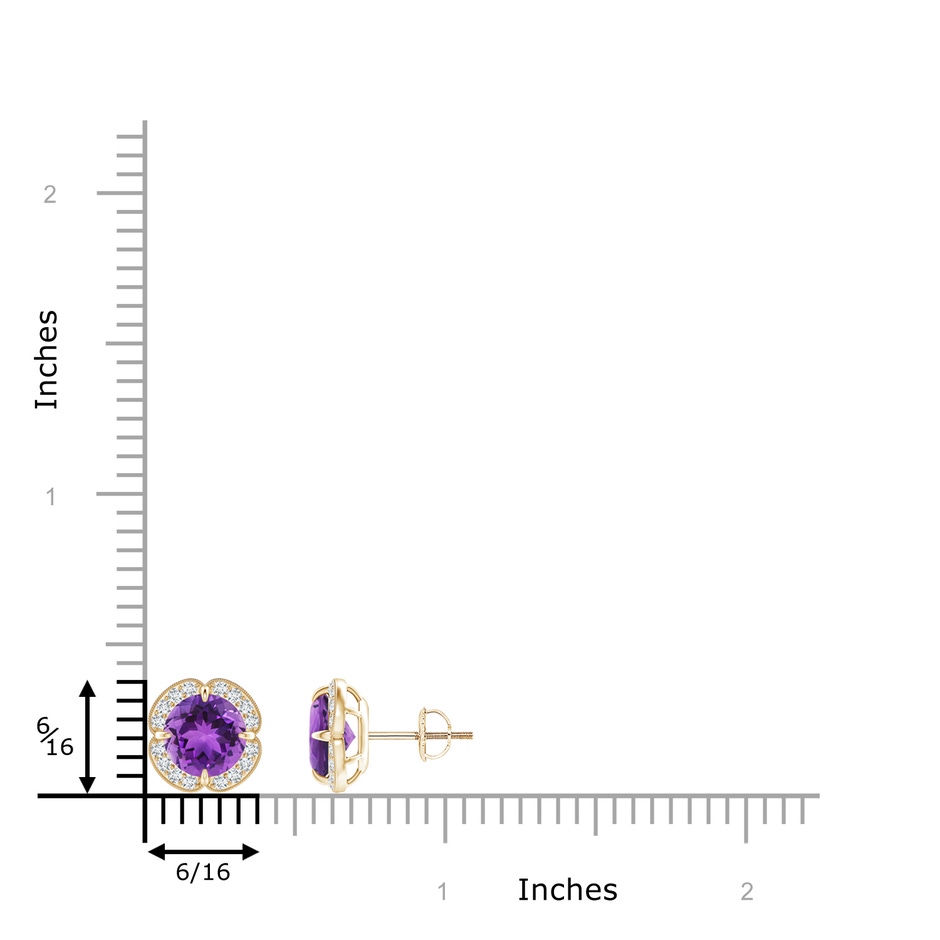 7mm AAA Claw-Set Amethyst Clover Stud Earrings in Yellow Gold ruler