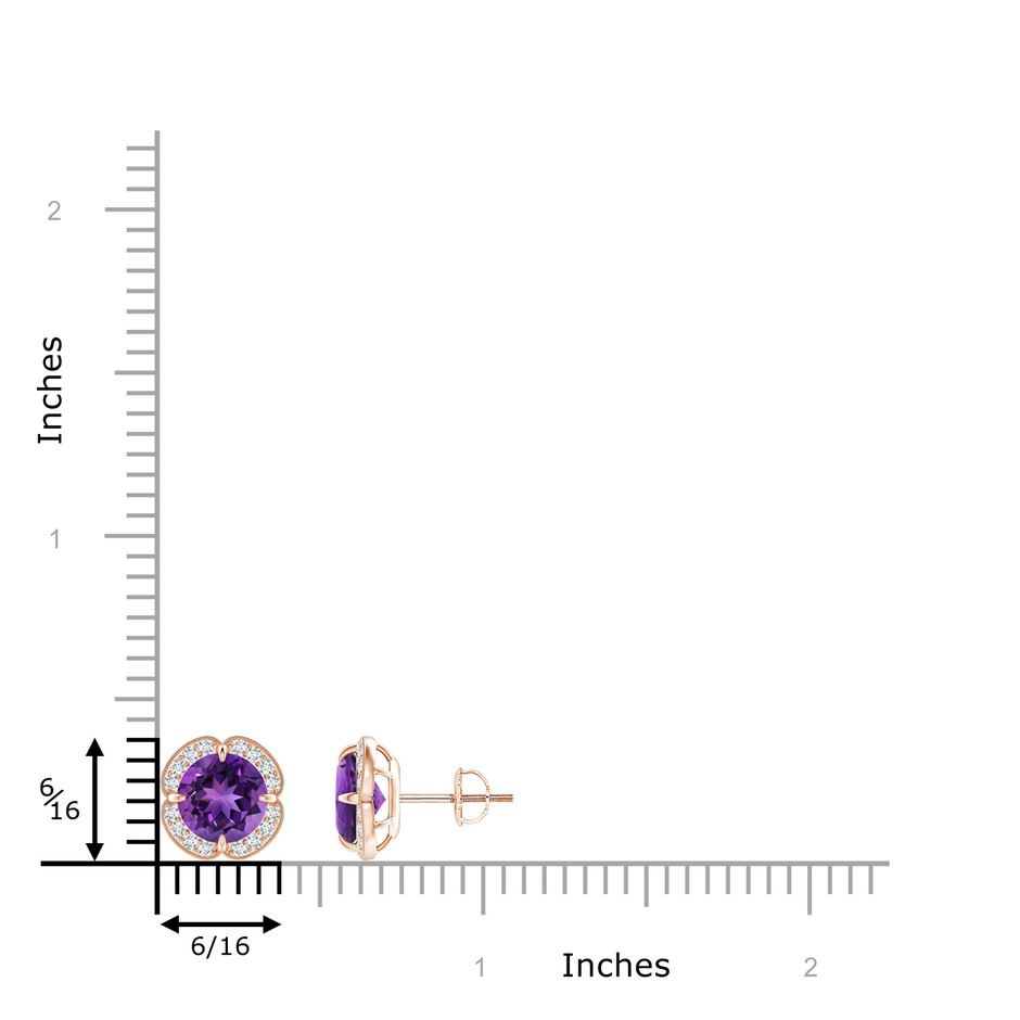 7mm AAAA Claw-Set Amethyst Clover Stud Earrings in Rose Gold ruler
