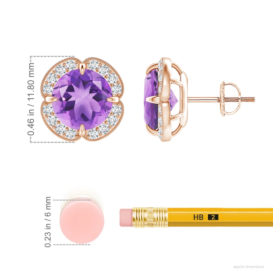 8mm A Claw-Set Amethyst Clover Stud Earrings in Rose Gold ruler