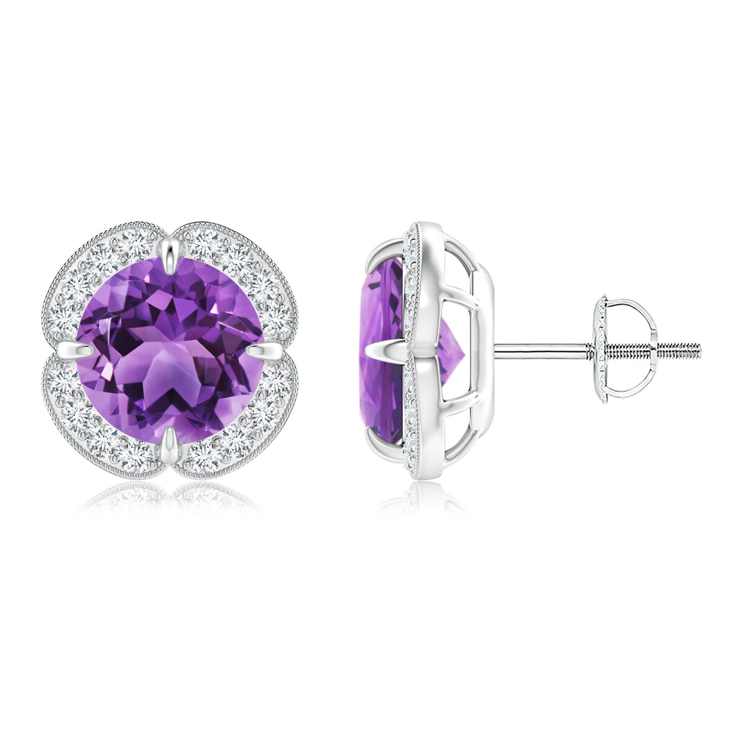 8mm AA Claw-Set Amethyst Clover Stud Earrings in P950 Platinum