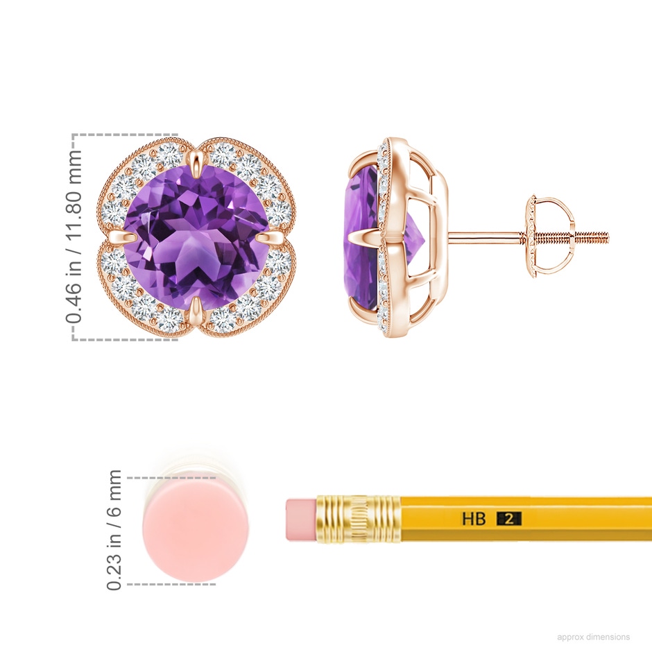 8mm AA Claw-Set Amethyst Clover Stud Earrings in Rose Gold ruler