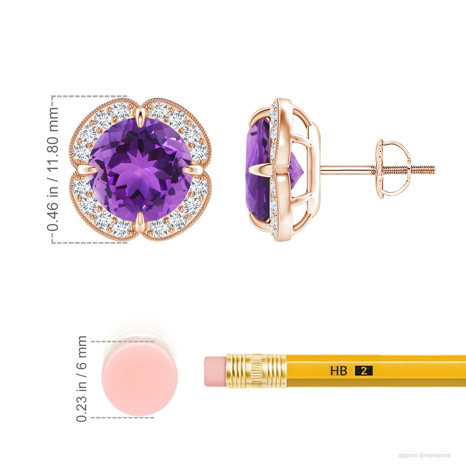 8mm AAA Claw-Set Amethyst Clover Stud Earrings in Rose Gold ruler