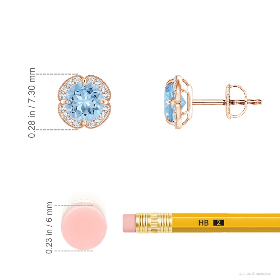 5mm AAA Claw-Set Aquamarine Clover Stud Earrings in Rose Gold ruler