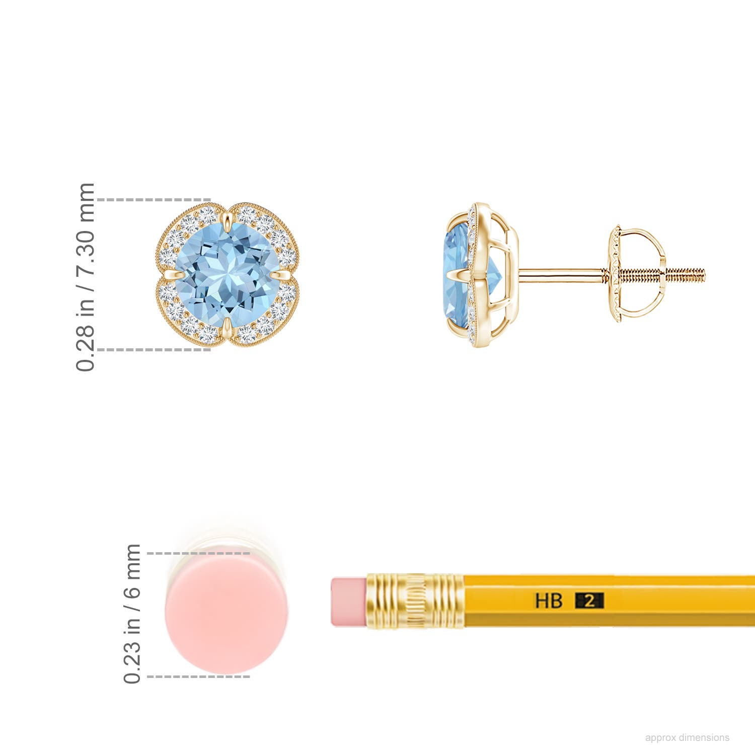 5mm AAA Claw-Set Aquamarine Clover Stud Earrings in Yellow Gold - ruler
