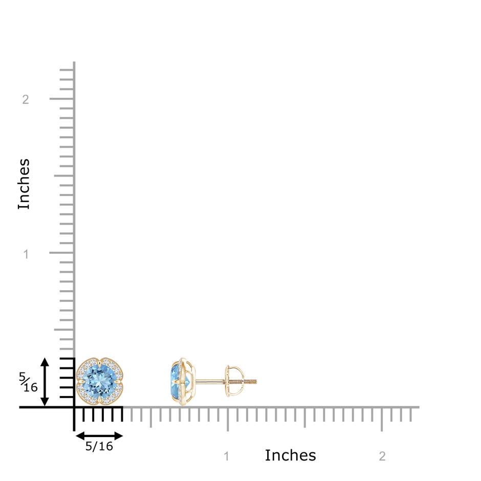 5mm AAAA Claw-Set Aquamarine Clover Stud Earrings in Yellow Gold ruler