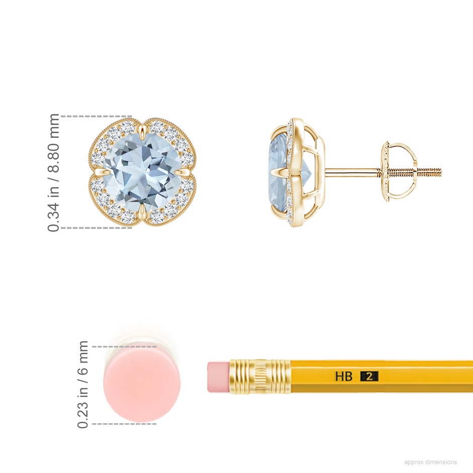 6mm A Claw-Set Aquamarine Clover Stud Earrings in Yellow Gold ruler