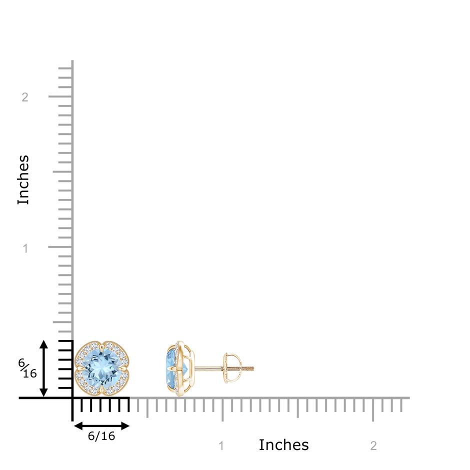 6mm AAA Claw-Set Aquamarine Clover Stud Earrings in Yellow Gold ruler