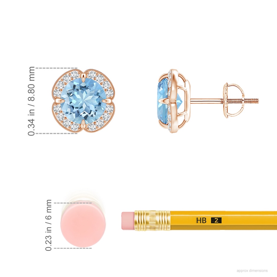 6mm AAAA Claw-Set Aquamarine Clover Stud Earrings in Rose Gold ruler