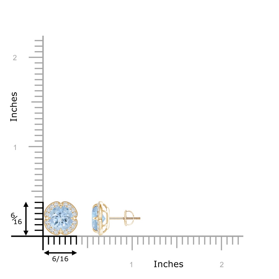7mm AA Claw-Set Aquamarine Clover Stud Earrings in Yellow Gold ruler