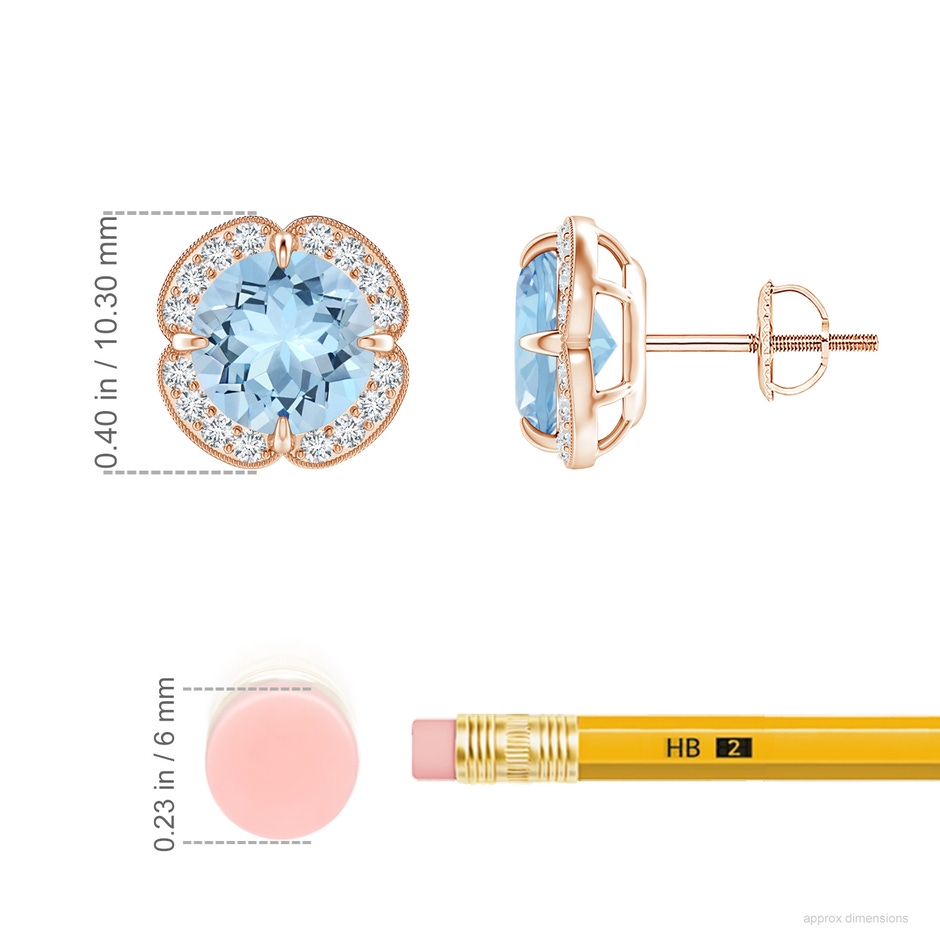 7mm AAA Claw-Set Aquamarine Clover Stud Earrings in Rose Gold ruler