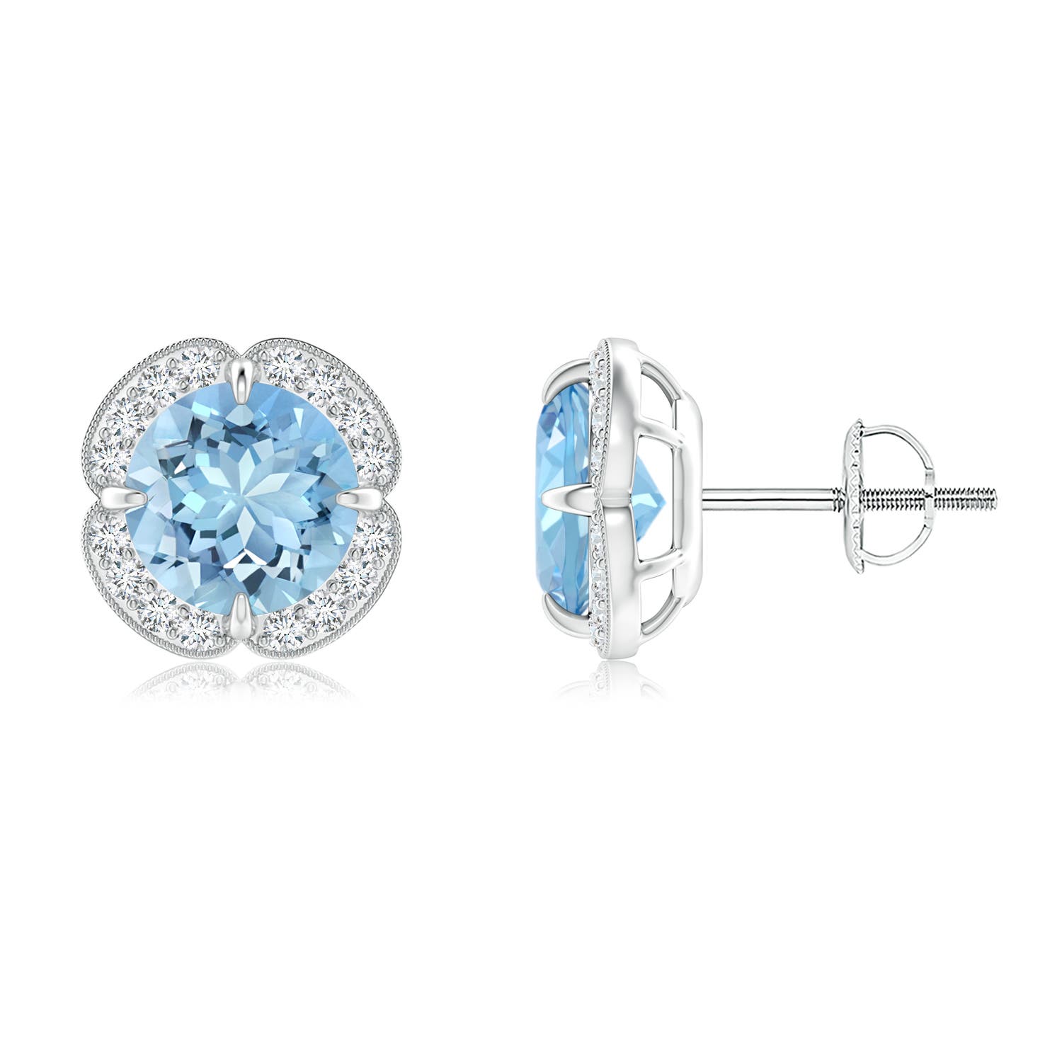 7mm AAAA Claw-Set Aquamarine Clover Stud Earrings in 18K White Gold