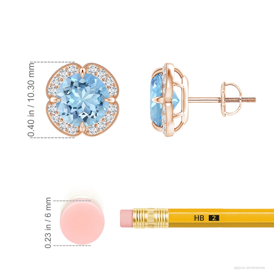 7mm AAAA Claw-Set Aquamarine Clover Stud Earrings in Rose Gold ruler