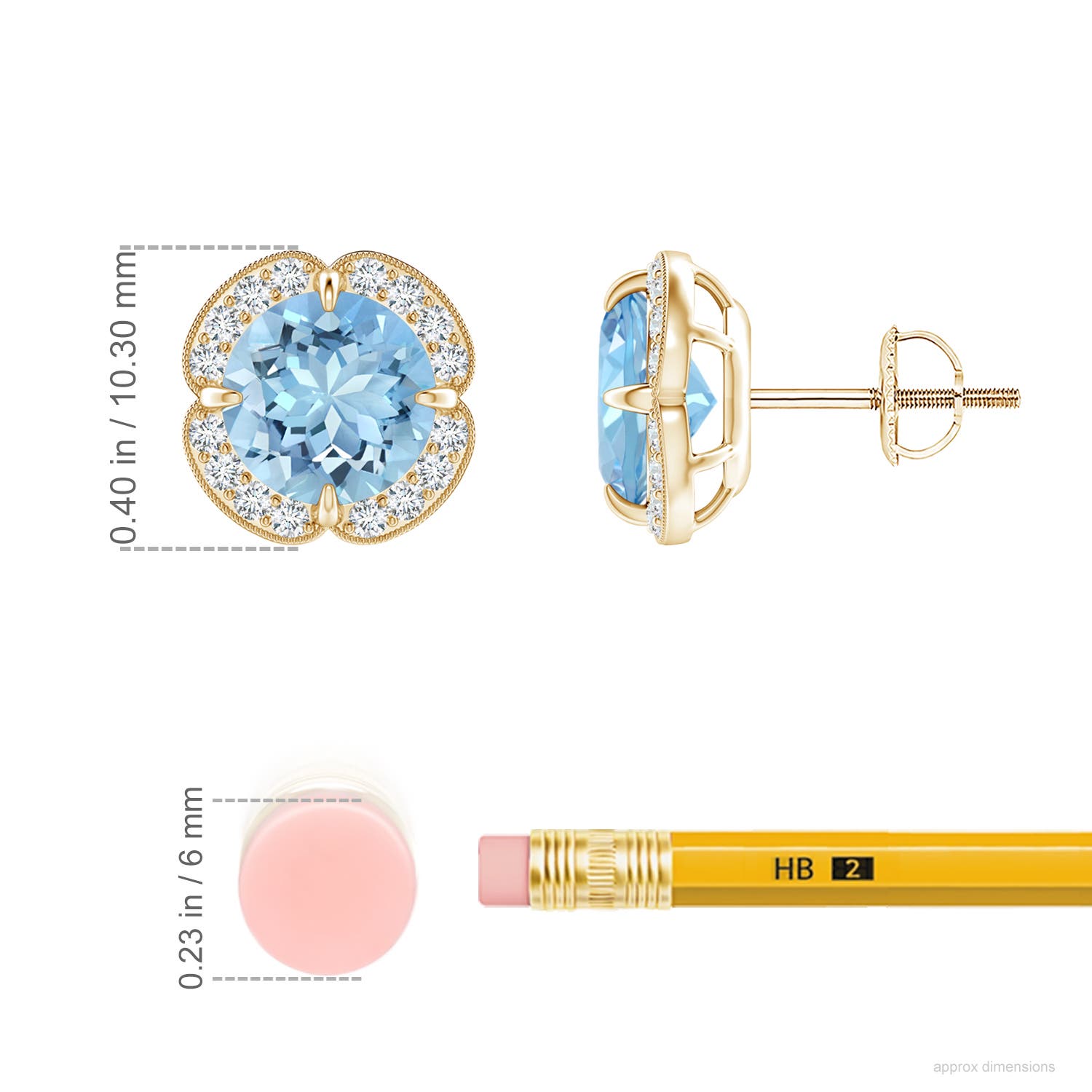 7mm AAAA Claw-Set Aquamarine Clover Stud Earrings in Yellow Gold - ruler