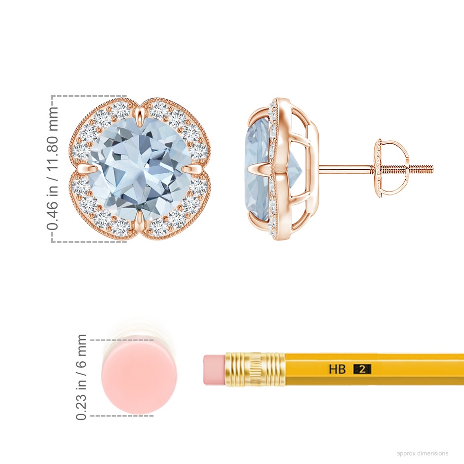 8mm A Claw-Set Aquamarine Clover Stud Earrings in 18K Rose Gold ruler