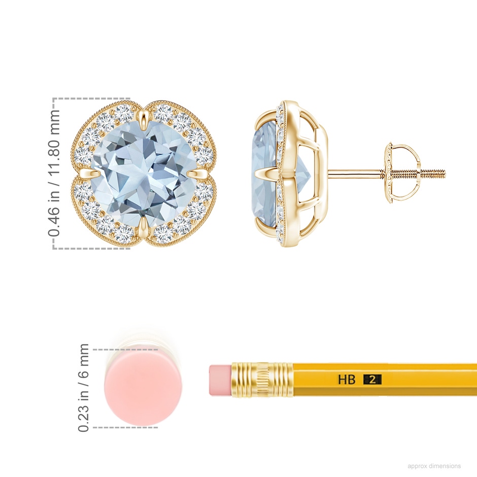 8mm A Claw-Set Aquamarine Clover Stud Earrings in 18K Yellow Gold ruler