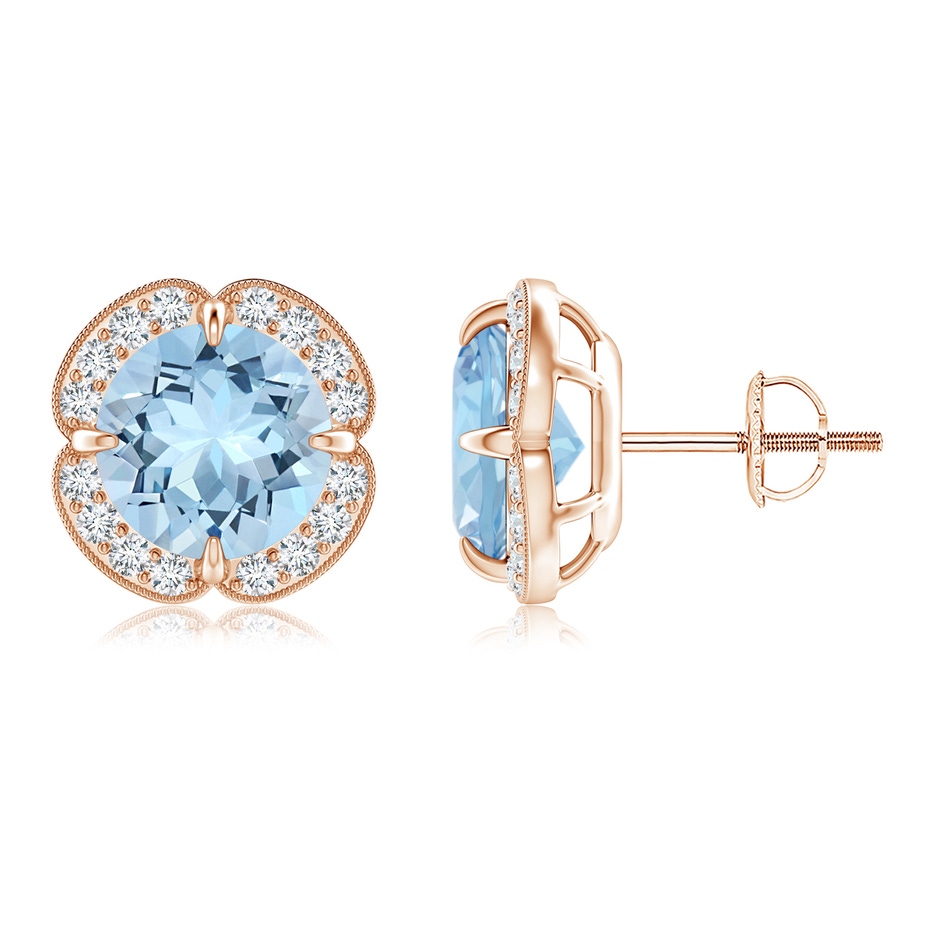 8mm AAA Claw-Set Aquamarine Clover Stud Earrings in 18K Rose Gold 