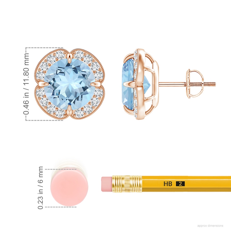 8mm AAA Claw-Set Aquamarine Clover Stud Earrings in 18K Rose Gold ruler