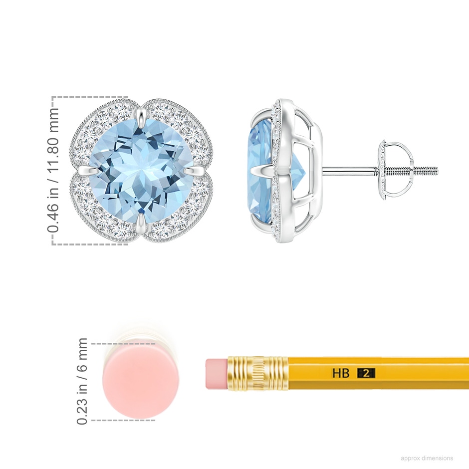 8mm AAA Claw-Set Aquamarine Clover Stud Earrings in 18K White Gold ruler