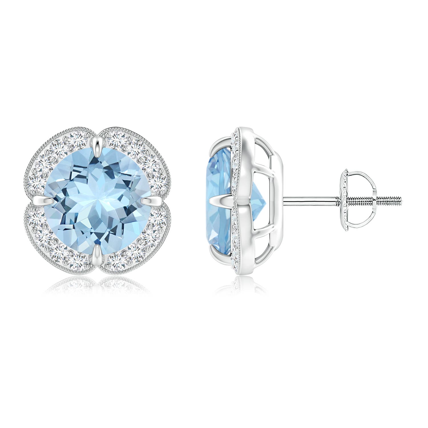 8mm AAA Claw-Set Aquamarine Clover Stud Earrings in P950 Platinum