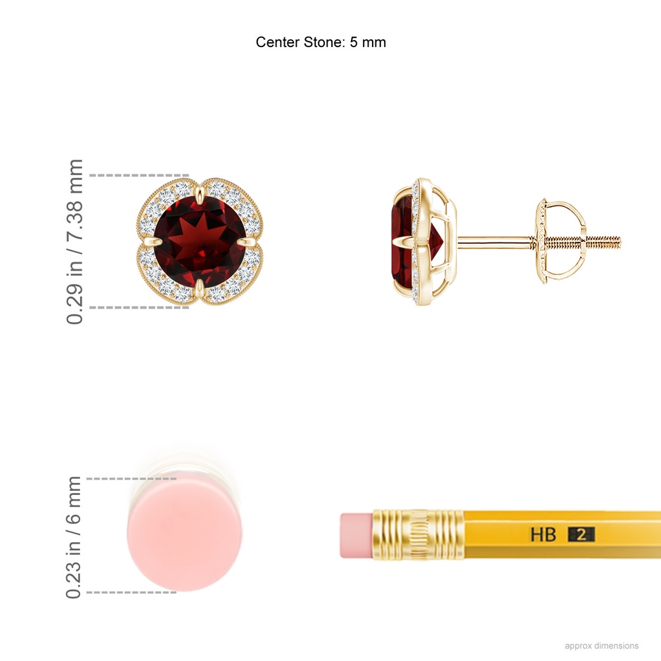 5mm AAA Claw-Set Garnet Clover Stud Earrings in Yellow Gold ruler