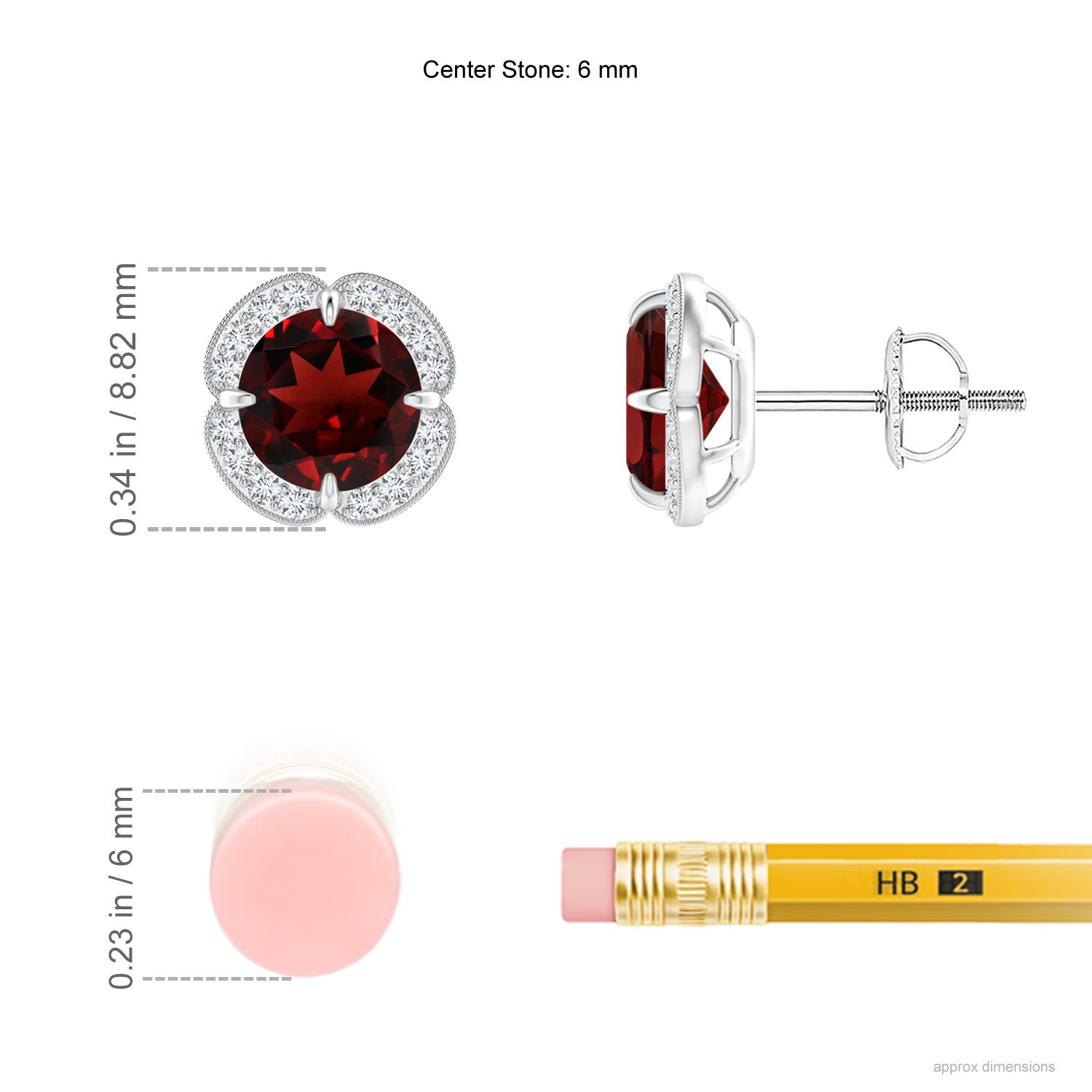 6mm AAA Claw-Set Garnet Clover Stud Earrings in P950 Platinum - ruler