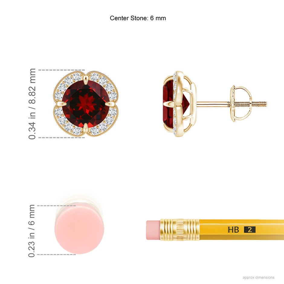 6mm AAAA Claw-Set Garnet Clover Stud Earrings in Yellow Gold ruler