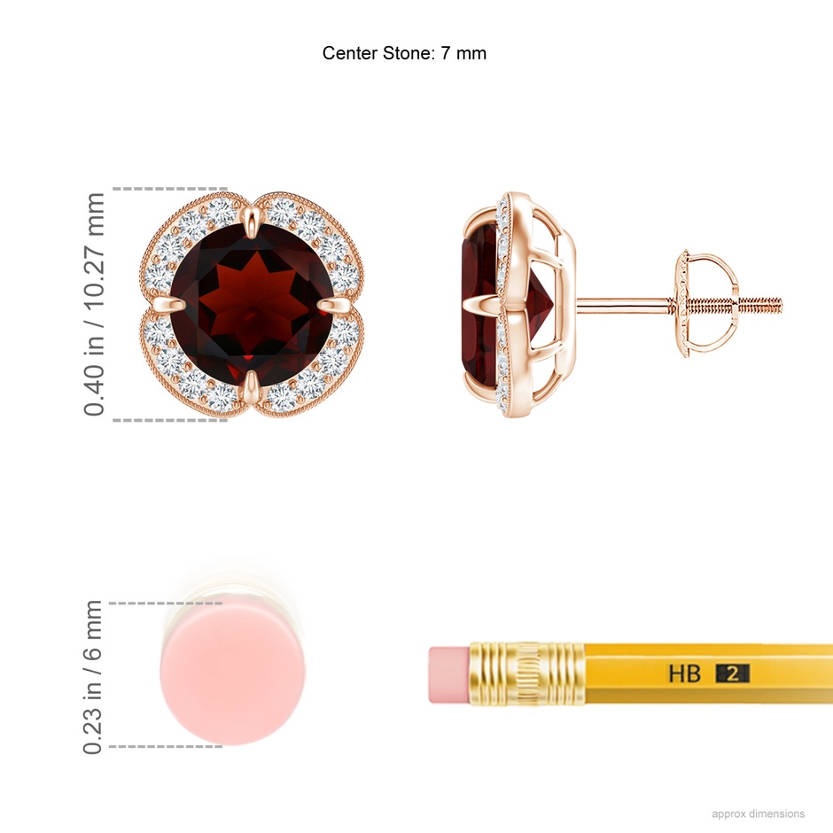 7mm AA Claw-Set Garnet Clover Stud Earrings in Rose Gold ruler