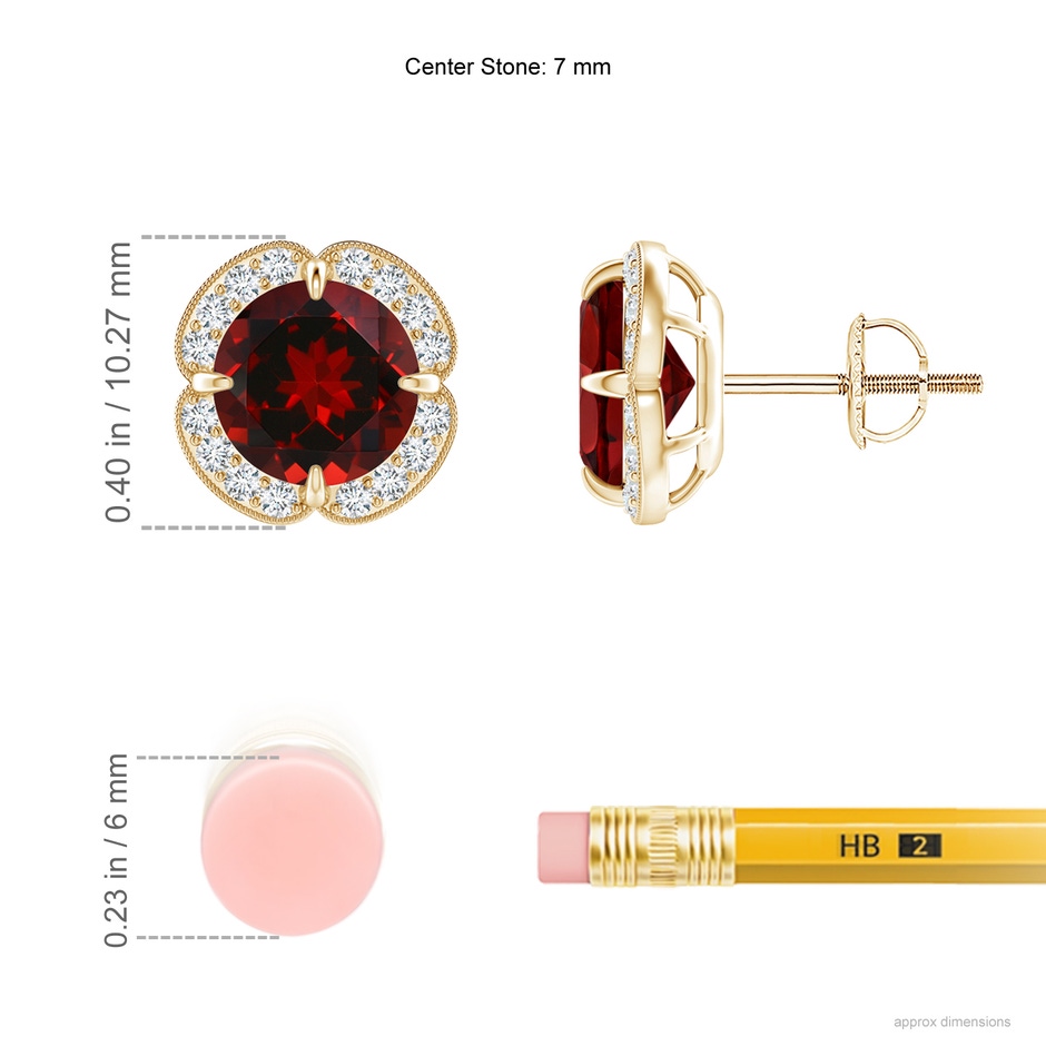 7mm AAAA Claw-Set Garnet Clover Stud Earrings in Yellow Gold ruler