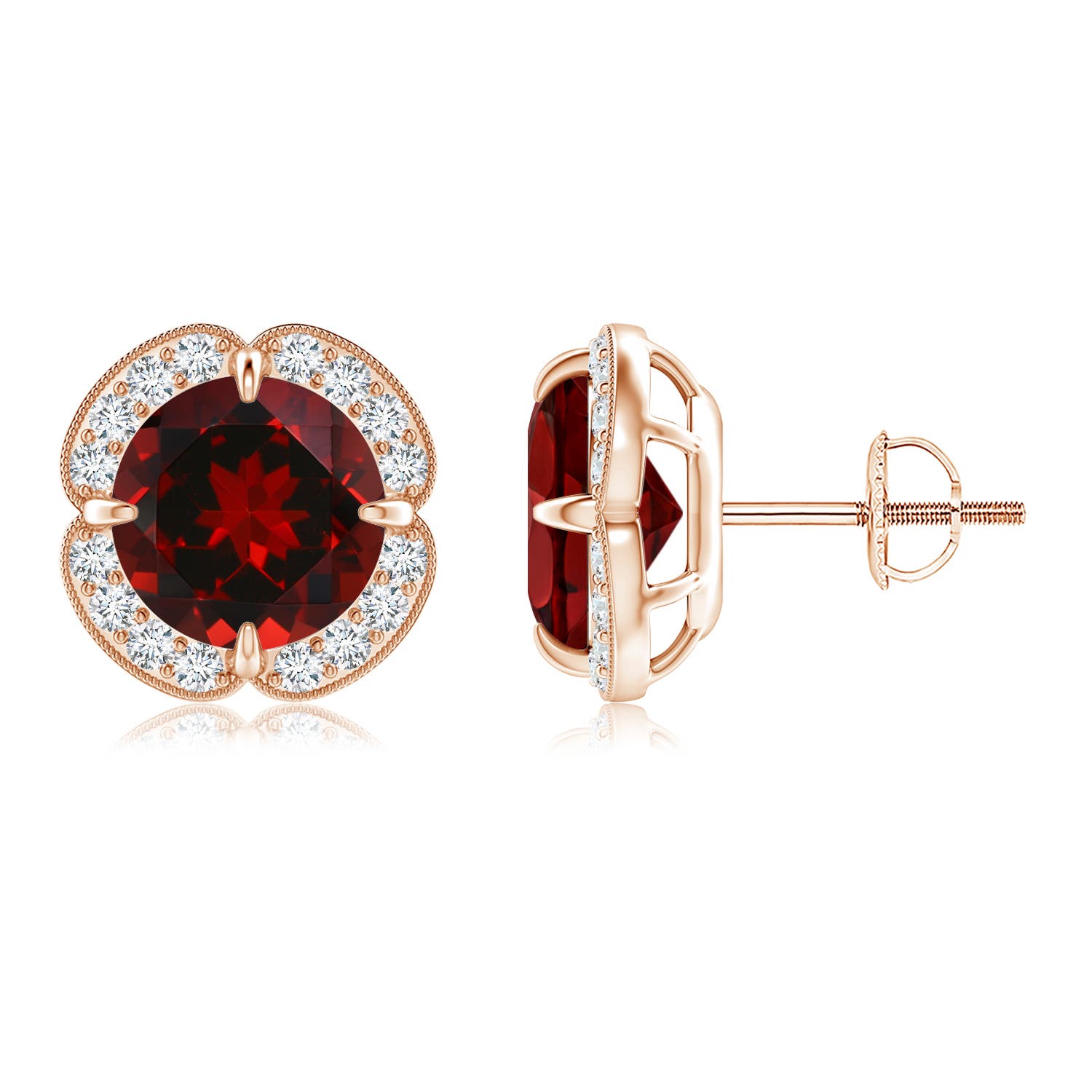 8mm AAAA Claw-Set Garnet Clover Stud Earrings in 18K Rose Gold