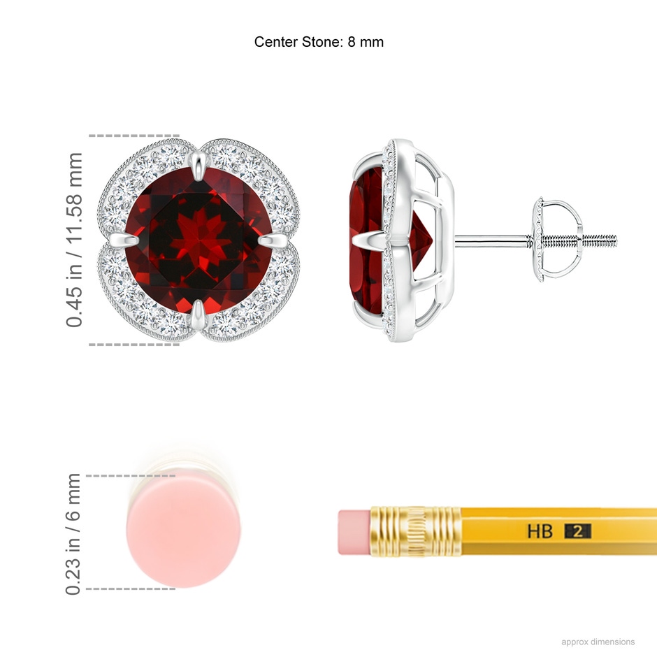 8mm AAAA Claw-Set Garnet Clover Stud Earrings in P950 Platinum ruler